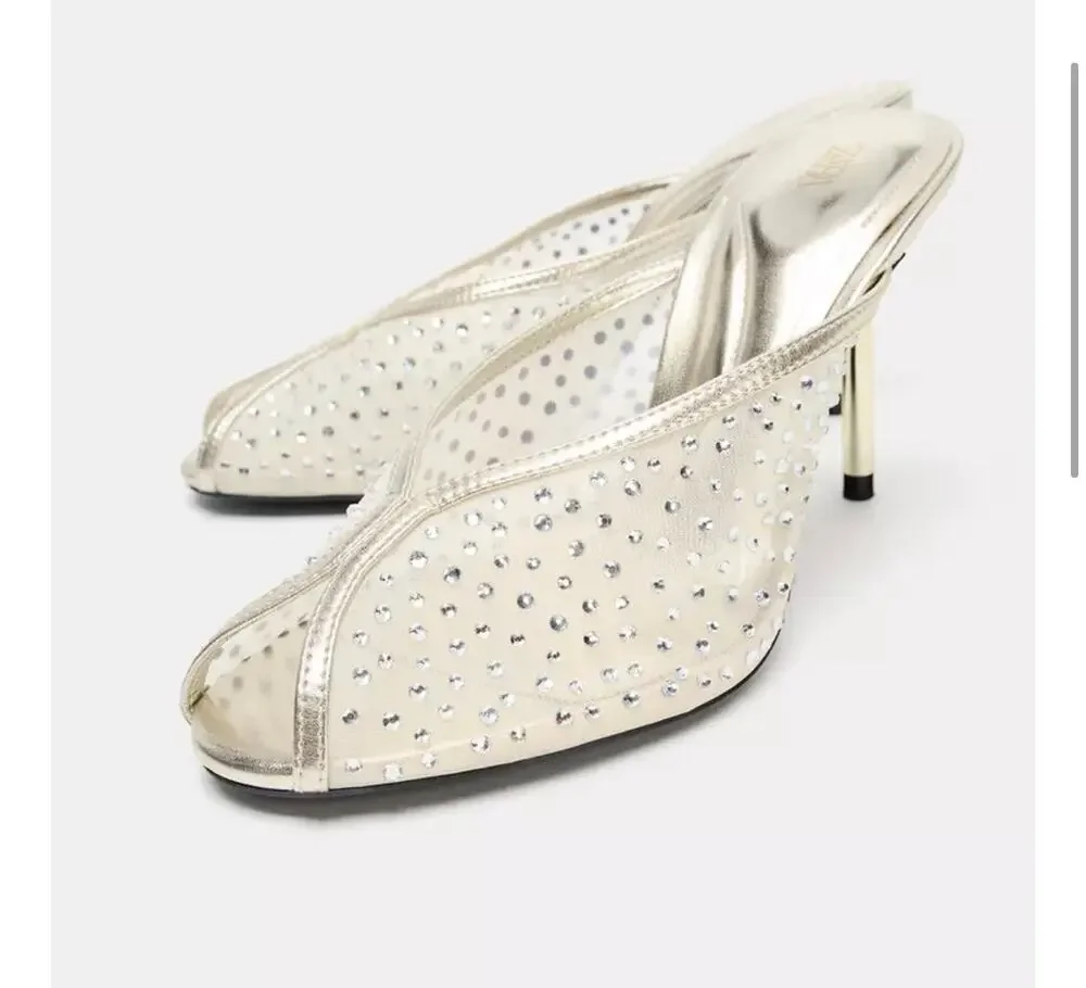 ZARA MESH MULE SANDALS IN GOLD Size 39 or US 8